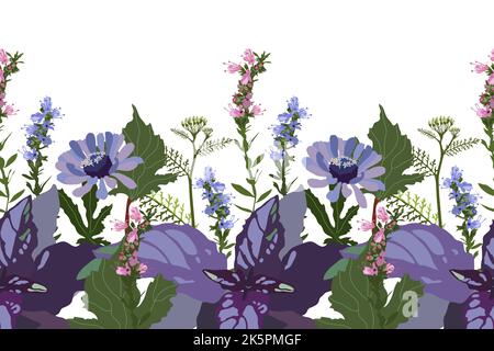 Motif fleuri vectoriel sans couture, bordure. Design panoramique horizontal avec zinnies et herbes sur fond blanc. Illustration de Vecteur