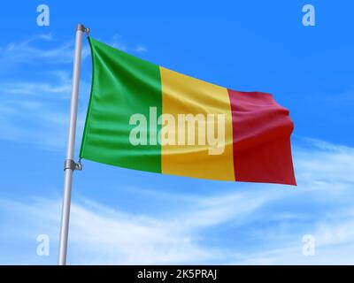 Beau drapeau du Mali agitant dans le vent avec fond de ciel - 3D illustration - 3D rendu Banque D'Images