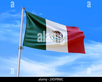 Magnifique drapeau mexicain agitant dans le vent avec fond de ciel - 3D illustration - 3D rendu Banque D'Images