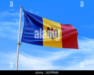 Magnifique drapeau de Moldavie agitant dans le vent avec fond de ciel - 3D illustration - 3D rendu Banque D'Images