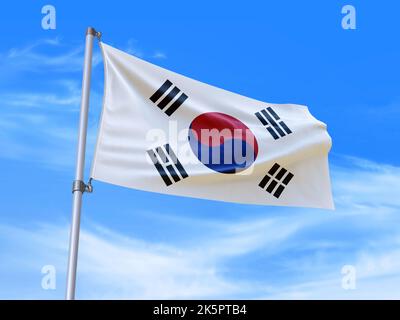 Beau Sud - drapeau de Corée agitant dans le vent avec fond de ciel - 3D illustration - 3D rendu Banque D'Images