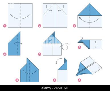 Tutoriel Origami pour les enfants. Origami mignon avion. Illustration de Vecteur