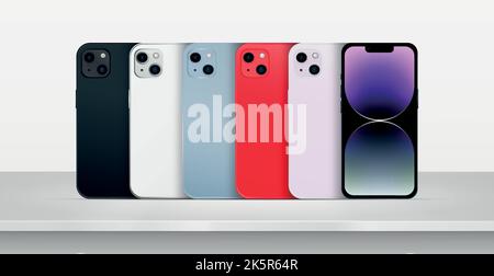 Smartphones modernes de différentes couleurs sur la table, fond blanc - illustration vectorielle Illustration de Vecteur