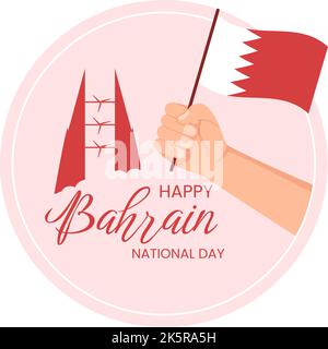 Bahreïn National Day ou modèle d'indépendance dessin à la main dessin de dessin animé dessin à plat avec drapeau Wavy en 16th de décembre Patriotic Holiday Design Illustration de Vecteur