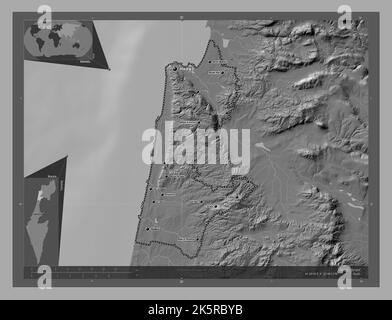 Haïfa, district d'Israël. Carte d'altitude à deux niveaux avec lacs et rivières. Lieux et noms des principales villes de la région. Emplacement auxiliaire d'angle m Banque D'Images