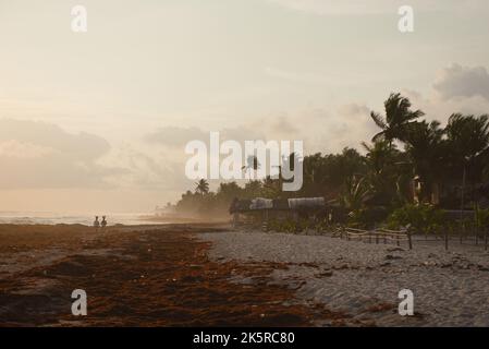 Coucher de soleil venteux sur la plage, avec deux femmes, en Côte d'Ivoire, en Afrique Banque D'Images