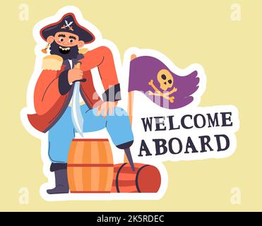 Bienvenue à bord, fête des pirates, homme en costumes Illustration de Vecteur