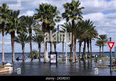 Sanford, États-Unis. 09th octobre 2022. Veterans Memorial Park est vu inondé à la promenade de Sanford Riverwalk alors que la rivière St. John's atteint un stade majeur d'inondation, causant la rupture du lac Monroe au mur de la mer à la suite de l'ouragan Ian dans le centre-ville de Sanford. On s'attend à ce que la rivière Saint-Jean se cime ce soir avant de reculer lentement. Crédit : SOPA Images Limited/Alamy Live News Banque D'Images