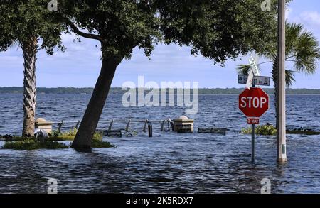 Sanford, États-Unis. 09th octobre 2022. Des bancs-trottoirs sont vus sous l'eau à la promenade de Sanford Riverwalk alors que la rivière St. John's atteint les grandes inondations, ce qui a entraîné la rupture du lac Monroe au mur de la mer à la suite de l'ouragan Ian dans le centre-ville de Sanford. On s'attend à ce que la rivière Saint-Jean se cime ce soir avant de reculer lentement. Crédit : SOPA Images Limited/Alamy Live News Banque D'Images