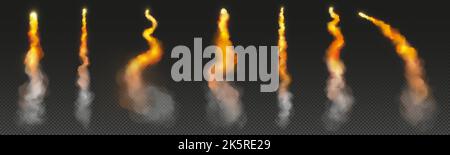 Des pistes de fumée de tir de fusée, un lancement de vaisseau spatial ou des nuages de signal. Flammes de jet spatial, avion ou navette contrail dans le ciel, éléments de conception isolés sur fond transparent, jeu réaliste de 3D vecteurs Illustration de Vecteur