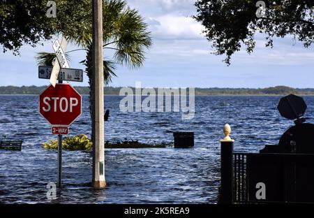 Sanford, États-Unis. 09th octobre 2022. Une rue est vue inondée à la promenade de Sanford Riverwalk alors que la rivière St. John's atteint un stade majeur d'inondation, ce qui fait que le lac Monroe traverse le mur de la mer à la suite de l'ouragan Ian dans le centre-ville de Sanford. On s'attend à ce que la rivière Saint-Jean se cime ce soir avant de reculer lentement. (Photo de Paul Hennessy/SOPA Images/Sipa USA) crédit: SIPA USA/Alay Live News Banque D'Images