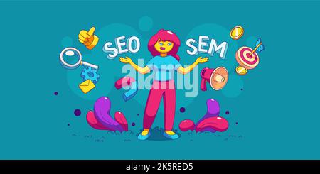 Concept SEO vs SEM. Femme choisir entre deux stratégies de marketing numérique pour la publicité sur Internet, icônes de cible, mégaphone, argent, loupe, illustration vectorielle de style contemporain Illustration de Vecteur