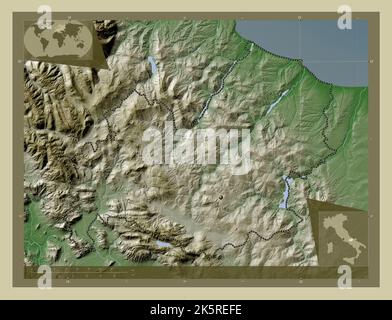 Molise, région d'Italie. Carte d'altitude colorée en style wiki avec lacs et rivières. Cartes d'emplacement auxiliaire d'angle Banque D'Images