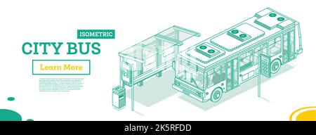 Bus et arrêt de bus. Concept de contour isométrique. Illustration vectorielle. Elément de conception pour les projets infographiques. Transport urbain. Illustration de Vecteur