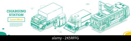 Station de charge Electromobile. Concept de contour isométrique. Illustration vectorielle. Camions, fourgonnettes et autobus. Transport écologique. Énergie verte. Illustration de Vecteur