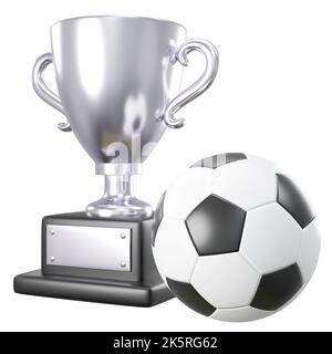 Coupe trophée argent et ballon de football ou football sur fond blanc isolé . Chemins d'écrêtage intégrés . 3D rendu . Banque D'Images