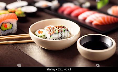 Un gros plan d'une table asiatique avec de délicieux ensembles de rouleaux de sushis Banque D'Images