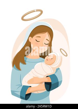 La Vierge Marie tenant le nouveau-né Jésus. Naissance du Christ. Fête des mères. Scène religieuse. Illustration vectorielle catholique Illustration de Vecteur