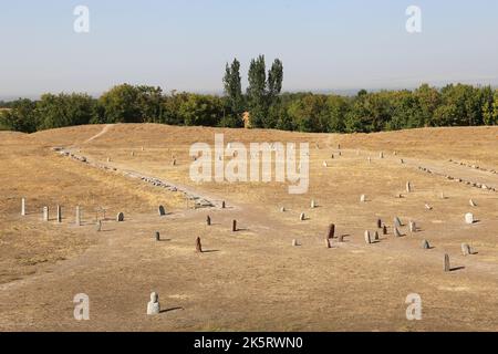 Balbales Turques (marqueurs de sépulture en pierre), jardin de pierres, site de la tour Burana, vallée de Chui, région de Chui, Kirghizistan, Asie centrale Banque D'Images