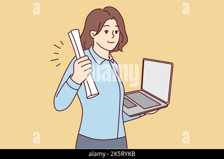 Jeune femme souriante titulaire d'un diplôme et d'un ordinateur portable entre les mains diplômé de l'université en ligne. Une étudiante heureuse, excitée par la remise des diplômes à distance. Illustration vectorielle. Illustration de Vecteur