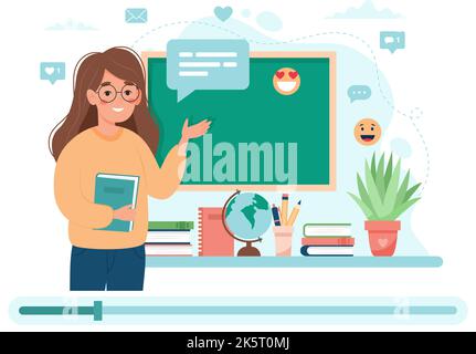 Séminaire en ligne sur l'éducation. Une enseignante expliquant, vidéo à l'écran. École et concept d'apprentissage en ligne, illustration de vecteur mignon en dessin animé plat Illustration de Vecteur