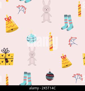 Cadeau de lièvre à motif animal d'hiver sans couture, chaussettes, bougies, jouets, parfait pour les invitations de vacances, cartes de vœux d'hiver, papier peint et papier cadeau, Illustration de Vecteur