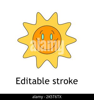 Autocollant psychédélique hippie smiley soleil. Funky rétro 70s stickers groovy - vecteur isolé Illustration de Vecteur