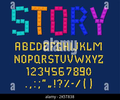 Type de police brique, police enfants de blocs de construction colorés, lettres de l'alphabet vectoriel. Les blocs de briques de jouets font ou les cubes en plastique des enfants jouent le jeu en tant que typeface ABC ou typographie typeet Illustration de Vecteur