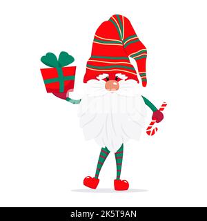 Un joli gnome barbu dans une casquette rouge, un personnage de Noël de conte de fées. Illustration vectorielle de style plat Illustration de Vecteur