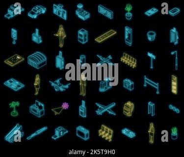 Icônes de compagnies aériennes définies. Ensemble isométrique d'icônes vectorielles de compagnies aériennes couleur néon sur noir Illustration de Vecteur