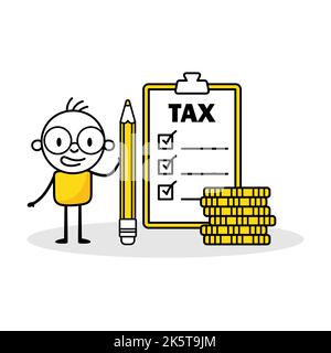 Man tient un crayon et vérifie étape par étape la liste de contrôle pour progresser et terminer le calcul de la taxe. Doodle boy dessiné à la main. Concept professionnel. Vecteur stock il Illustration de Vecteur