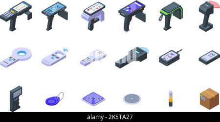 Les icônes RFID définissent le vecteur isométrique. Magasin de détail. Vérifiez l'accès Illustration de Vecteur