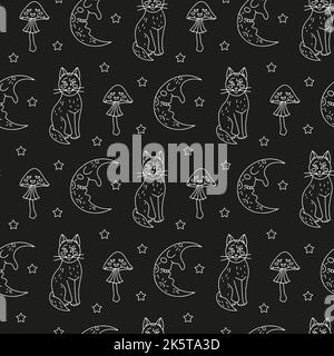 Motif Halloween sans coutures avec de jolis chats de dessin animé, des demi-lunes et des champignons toxiques Illustration de Vecteur