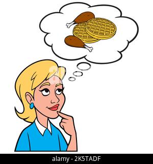 Une fille qui pense au poulet et aux gaufres - Une illustration de dessin animé d'une fille qui pense au poulet et aux gaufres pour le petit déjeuner. Illustration de Vecteur