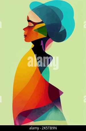 Illustration abstraite d'une femme enveloppée de châle dans des formes géométriques sur fond vert clair Illustration de Vecteur
