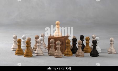 Plusieurs pièces d'échecs colorées entourent une autre pièce d'échecs jaune debout sur un bloc de bois, un concept de leadership dans une organisation qui nécessite un Banque D'Images