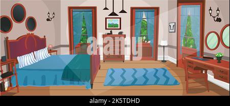 Chambre à l'intérieur intérieur, chambre, salon de dessin animé, chambre pour enfants avec meubles. Chambre adolescent avec lit, chambre enfant ou enfant. Illustration de Vecteur