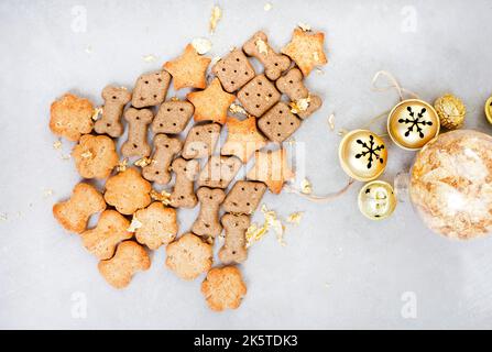 Boîte de Noël en forme de chien dans un cadre de fête rustique avec cloches de jingle Banque D'Images