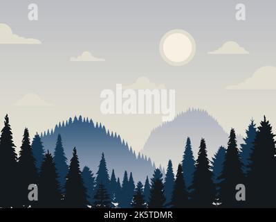 Paysage Blue Pine Forest Flat Design - nature Background Illustration Illustration de Vecteur