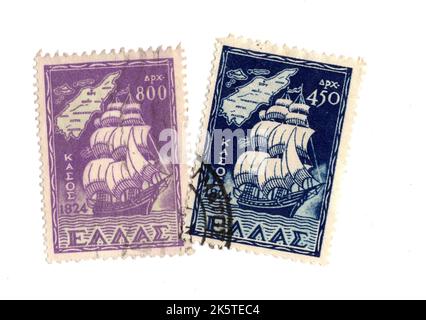 Montage de timbres-poste d'époque de Grèce sur fond blanc. Banque D'Images