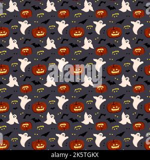 Motif sombre et lumineux avec citrouilles, fantômes et chauves-souris. Décoration automnale festive pour Halloween. Arrière-plan des fêtes d'octobre pour l'impression sur papier, le textile et le design. Illustration vectorielle plate Illustration de Vecteur