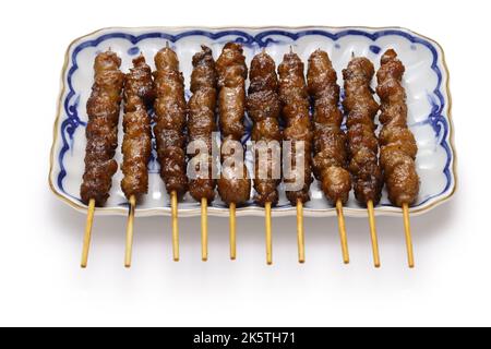 Brochettes de poulet grillé ( Tori Kawa Yakitori ), nourriture japonaise isolée sur fond blanc Banque D'Images