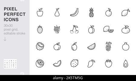 Ensemble d'icônes de la ligne de fruits. Noix de coco, pêche, pomme, fraise, ananas, illustration vectorielle minimale de melon, grenade, mangue. Signe de contour simple pour Illustration de Vecteur