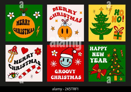 Cartes de noël groovy de style rétro 70s. Affiches de carte postale hippie psychédélique de noël et de la nouvelle année Illustration de Vecteur