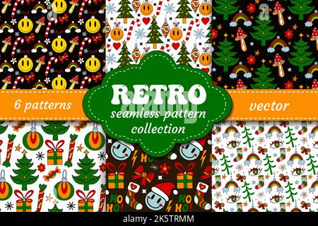 Motif Merry Christmas Groove sans coutures style 70s. Arrière-plan à texture illimitée hippie psychédélique Illustration de Vecteur