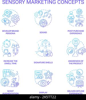 Jeu d'icônes de concept de gradient bleu de marketing sensoriel Illustration de Vecteur