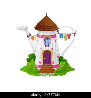 L'arrosage de dessins animés peut un bâtiment de conte de fées ou une habitation de lutin. Vecteur conte de fées maison de fantaisie dans l'outil de jardin, maison pour gnome ou elfe avec coeurs, fenêtre ronde, séchage de vêtements sur corde, porte en bois sur le terrain Illustration de Vecteur