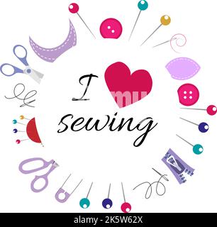 Illustration vectorielle cadre rond d'objets et de matériaux pour les cours de couture, broderie. Modèle pour texte, affiche, carte postale, brochure. Illustration de Vecteur