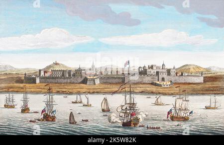 Fort St. George sur la côte de Coromandel. Appartenant à la Compagnie de l'Inde de l'est de l'Angleterre. Le fort de Madras, Chennai moderne, fut fondé en 1639 et fut la première forteresse britannique en Inde. D'une impression de 18th siècle par un artiste anonyme après une œuvre de Jan Van Ryne. Banque D'Images