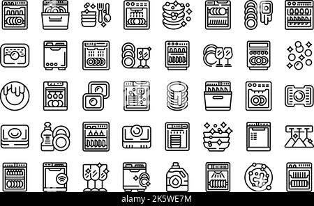 Les icônes de détergent pour lave-vaisselle définissent un vecteur de contour. Onglets de publicité. Les capsules sont propres Illustration de Vecteur